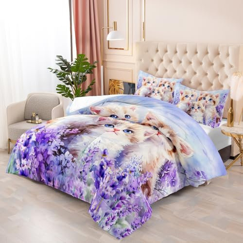 Bettdecke 140X200 Niedliche Katze Drucken Steppdecke 200Gsm,Dünne Und Leichte Bettdecken,4 Jahreszeiten Bettdecken 140X200,Weiche Mikrofaser Bettdecke Mit 2 Kissenbezüge,Warm Steppbettdecke