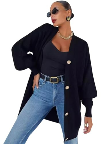 Gilet Long Femme Knit Cardigan Long Femmes Grande Taille Manteau Gilets Grosse Maille Cardigans Women Veste Gilet Casual Chandail Cardigan Femmes Uni Gilets Mi Long Manche Boutonnée Femme Noir L
