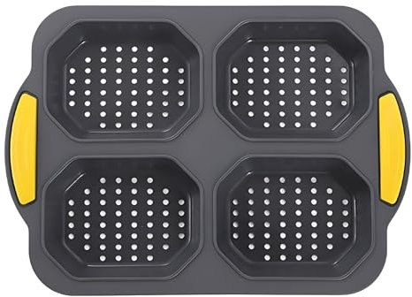 Mini moule à pain 4 cavités en silicone anti-adhésif avec poignées jaunes pour hot-dog hamburger petit déjeuner, 25,4 x 17,8 cm, gris