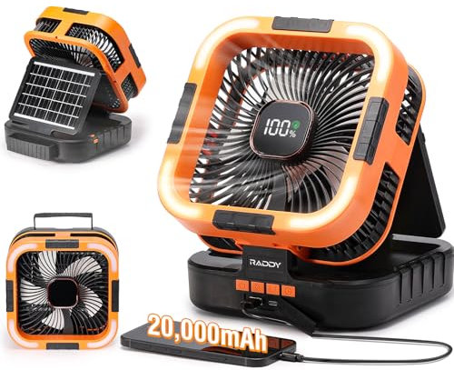 Raddy CF3 Ventilador de camping recargable 20 000 mAh, portátil, batería integrada, panel solar 3 W, USB, luz LED, 6 velocidades, oscilación 90°, tienda, BBQ, exterior & emergencias, naranja