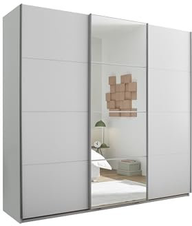 möbelando Schwebetürenschrank >Carano< mit Spiegel – 215x204x63 cm, Weiß, Melamin, 3 Türen, 3 Schubladen, 5 Einlegeböden, Moderne Optik & viel Stauraum