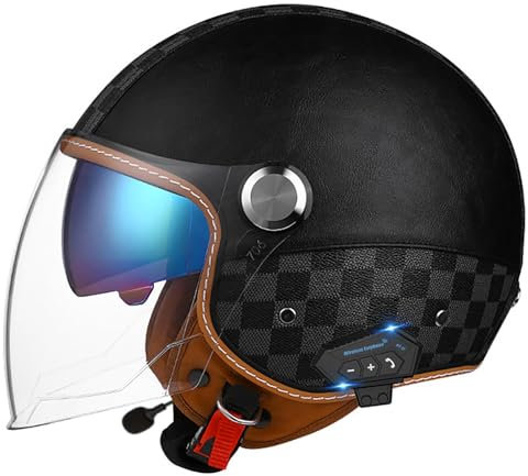 Casco Da Moto Bluetooth, Casco Vintage 3/4 Con Doppia Visiera Per Scooter, Chopper, Casco Da Moto Semi-Aperto Per Uomo E Donna, Omologato ECE. A3,S/(55~56cm)