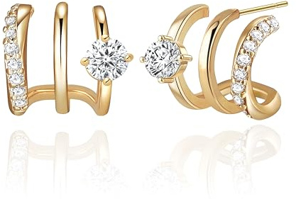 HAXIYA 14K Gold Plated Triple Hoops Illusion Stud Earrings for Women Double Huggie Hoop Earrings for One Hole Trendy CZ Segment Triple Hoop Hypoallergenic Unique Small Cute Jewelry Gift for Women