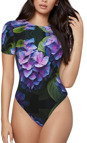 WZYCWB Collant à manches courtes pour femme avec imprimé hortensia violet - Mode col rond slim vêtements de maison tailles S-XXL, noir, X-Large