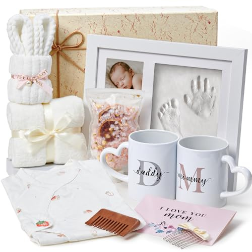 Neugeborenen Geschenke für Schwangere Baby Geschenk Jungen Mädchen | Werdender Mama und Papa Tassen,Baby Abdruck Fotorahmen, Strampler, Badetücher, Neue Eltern Babygeschenke zur Gebur Geschenk