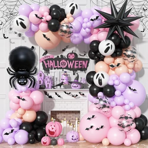 121-teiliges Halloween-Ballonbogen-Set, schwarz, orange, rosa, lila, Ballon-Girlande mit Halloween-Fledermaus-Spinne, Folienballons für Süßes oder Saures, Tag der Toten, gruseliger Boo Geist, Spukhaus