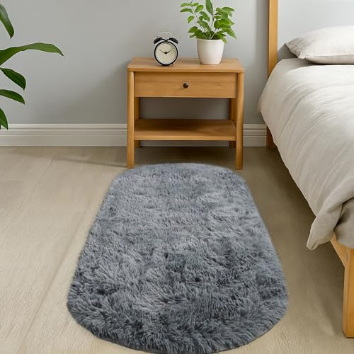 GIBZ Tapis Ovale en Peluche à Poils Longs, Shaggy Moderne Antidérapant, en Fausse Fourrure pour Salon, Gris, 40x120cm