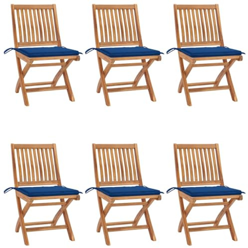 Qnhdfrt Klappbare Gartenstühle 6er Set aus Teakholz mit Königsblauen Kissen 46,5 x 58 x 88 cm Wetterfest & Zeitraffend Modern für Garten Balkon Camping Terrasse und Café