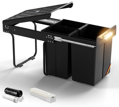 WoRaum Poubelle Encastrable Tri Sélectif 3 Compartiments, 20L+2×10L, Compatible avec Meubles/Cuisine Sous Évier, Bacs Amovibles Faciles à Nettoyer, Noir