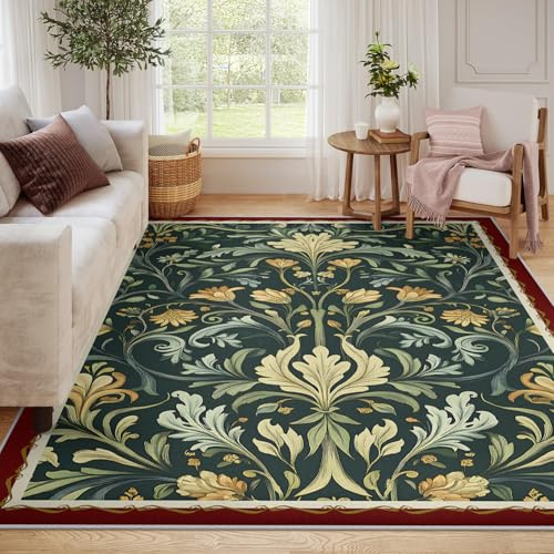 Vintage Pflanzenteppiche 60x90cm Für Wohnzimmer Dunkelgrüner Landgarten Fußmatte Rutschfester fleckenresistenter Flachflorteppich für Schlafzimmer und Esszimmer