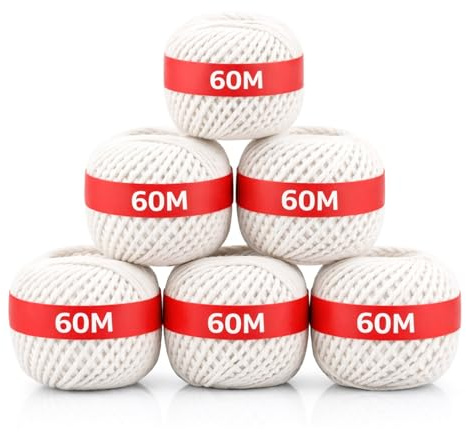 Strong Cotton Twine String Balls - (60M x 6) 360M - Multi Purpose Household 100% Pure Cotton Cord Strings for Crafting, Gift Wrapping, Butchery, Gardening & Packing