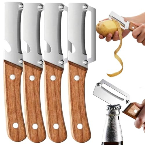 Multifunktionaler Gemüseschäler For Die Küche, 2 in 1 Kartoffelschäler mit Flaschenöffner,schäler mit holzgriff, Obst- Und Gemüseschäler Aus Edelstahl,Küchenwerkzeug Set (4pc)