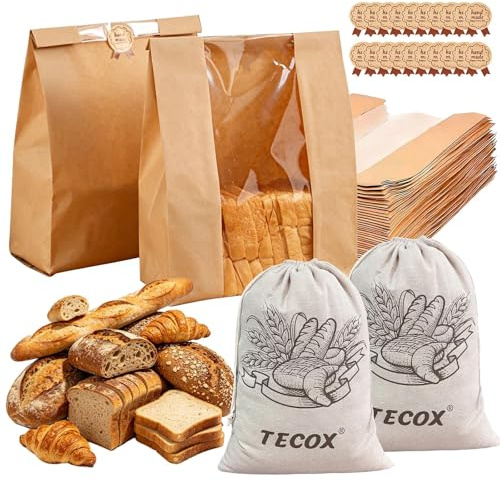 30pcs Paper Bread Bags with Window, 2pcs Linen Bread Bag, Bread Bags for Homemade Bread, Kraft Paper Bakery Bags for Cookies Snacks & Gifts Includes 30 Sealing Stickers