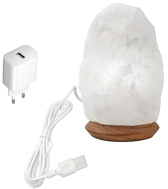 HAF Beleuchtete USB Salzlampe ROCK Weiß aus Kristallsalz – Handgefertigte Salzkristall LED Deko Lampe mit Holzsockel – Für warmes Licht, entspannte Atmosphäre – Als Tischlampe für Büro & Schlafzimmer