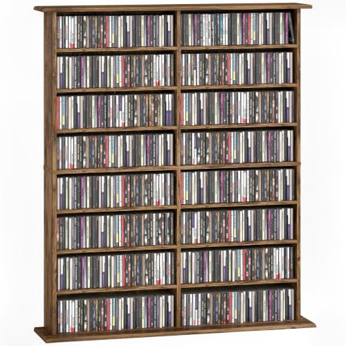 HOMCOM 720 CD/396 DVD Estantería 12 estantes ajustables, Marrón Rústico | 396 Estante para medios Blu-ray, 16 compartimentos, Torre CD, para sala de estar, dormitorio, oficina