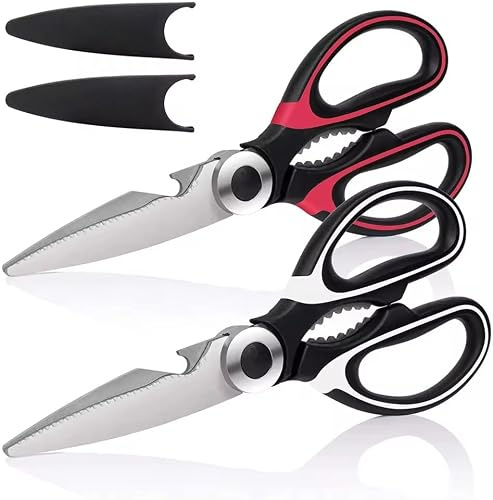 2 Pack Multipurpose Kitchen Scissors Heavy Duty Stainless Steel Food Shears with Safety Blade Cover, Sharp Kitchen Scissors for Meat, Chicken, Fish, Vegetables, Herbs and Nuts