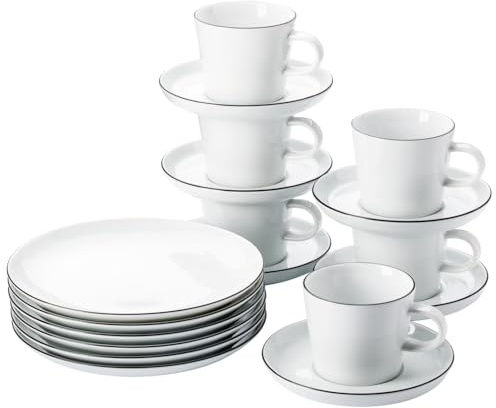 Thomas Cucina-Basic, Colori Black, weiss mit schwarzen Rand, Set 18-tlg., Frühstücksteller, Kombi-Tassen & Untertassen, spülmaschinen- & sikrowellenfest, schlichtes Design - ästhetisch und funktionell