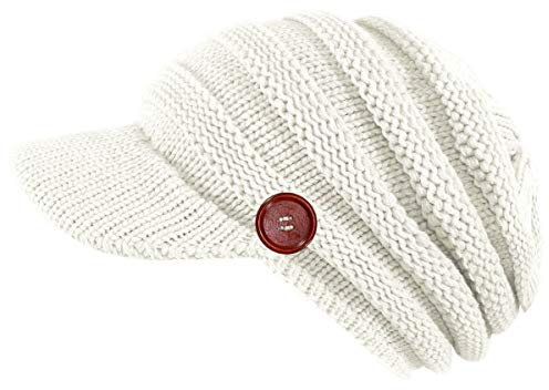 dy_mode Damen Schirmmütze Strickmütze Mütze mit Holzknopf - A309 (A309-CremeWeiß)