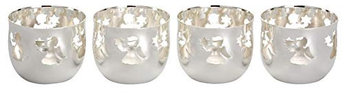 Teelichthalter Set 4-teilig - runde Kerzenhalter 4.5 cm hoch, versilbert & anlaufgeschützt, mit ausgestanztem Engel-Motiv, stimmungsvolle Lichtdeko & Geschenkidee