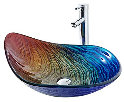 XMZFQ Waschbecken und Wasserhahn Combo - Glas Schiff sinkt Basin Waschschüssel Set, Vanity Kabinett Aufsatz- Waschbecken mit Chrom-Hahn & Pop-up-Drain