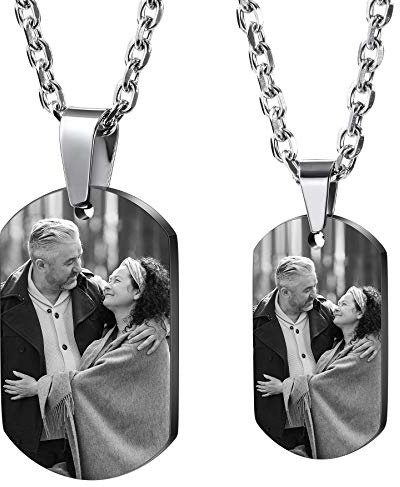 MeMeDIY Personalisierte Dog-Tag Halskette Gravur Foto/Name/Datum/Kalender mit Bild Anhänger Halskette für Männer Frauen Jungen Mädchen Paare Denkmal Edelstahl Liebesschmuck (Schwarze Farbe)