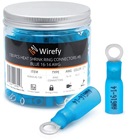 Wirefy 130 PZ Connettori Occhiello M4 - Kit Terminali Anello Termoretraibili - Capicorda Elettrici Crimpare - Blu 1,5-2,5 mm²