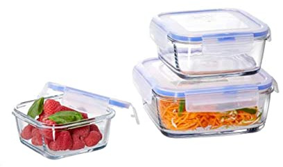 Ritzenhoff & Breker Vorratsdosen 3er Set Mono, Quadratische Frischhaltedosen aus Glas mit 4-Clip-Deckel für luftdichten Verschluss, unterschiedliche Größen, spülmaschinengeeignet, transparent