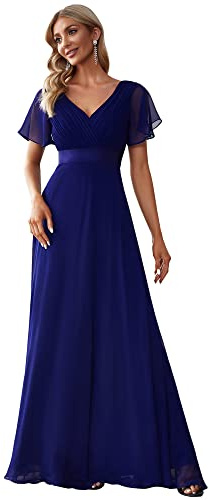 Ever-Pretty A-línea Vestido de Fiesta Cuello en V Manga Corta Gasa Corte Imperio para Mujer Azul Oscuro 40
