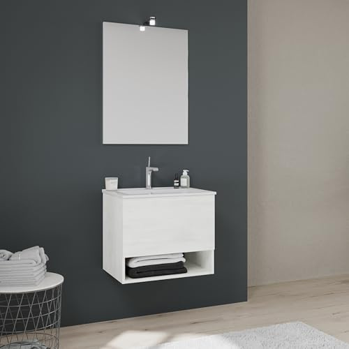 Kiamami Valentina - Mobile bagno sospeso da 60cm, cassetto, vano a giorno bianco | Venezia