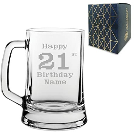 Personalised Engraved Tankard Beer Mug Stein Happy 21st Birthday Pixelated Design Gift Boxed, 16.75oz/495ml Classic Beer Glass, Any Name, Engraved in The UK