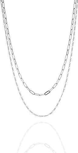 QUADRI - Mehrreihige Damenhalskette aus 925er Silber - 2.80 mm Büroklammer und Figarokette - 45 cm lang mit 5 cm Verlängerung - Made in Italy-Zertifikat