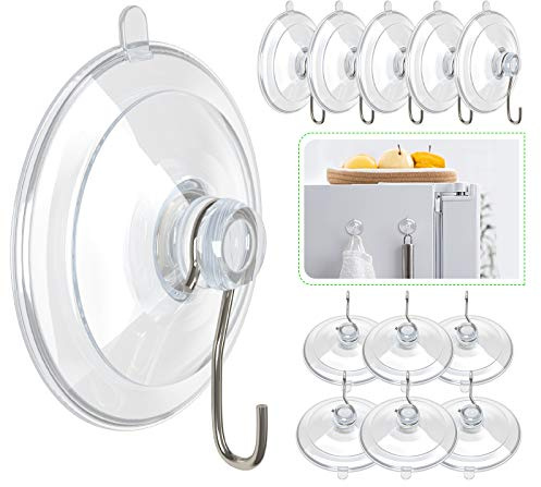 Jeowoqao Multi-Purpose Suction Cup Hooks, Clear, 1.77 Inches,12 PCS | Reusable PVC Sucker Pads with Metal Hook, Heavy Duty Plastic Suction Hooks for Bathroom Kitchen Shower Wall Window Glass Door