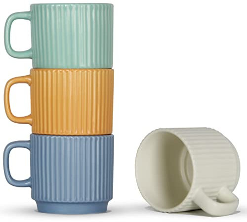 SHOWFULL Set di 4 tazze da caffè impilabili, in ceramica, 200 ml, per latte, cappuccino, cacao con manico, colorate