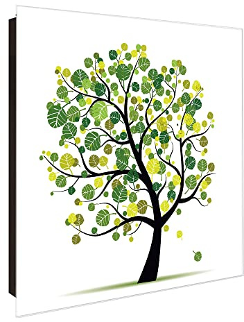 banjado Großer Schlüsselkasten Glas - Schlüsselbox 30x30cm mit 50 Haken - Schlüsselkasten modern für Schlüsselaufbewahrung mit beschreibbarer, magnetischer Glastür - Motiv Baum grün
