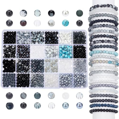 PH PandaHall 768 Stück 6 mm Runde Glasperlen zum Auffädeln, 24 Stil Schwarz Weiß Armband Perlen Marmor Lose Perlen Abstandsperlen Für Valentinstag DIY Schmuckherstellung Halsketten Armbänder Ohrringe