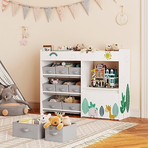 HOCSOK Scaffale Portagiochi Bambini, Organizzatore per Giocattoli, Scaffale per Giocattoli con 10 Contenitori in Stoffa, adatto per Cameretta, Soggiorno, Bianco