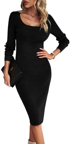 Heersan Winter Jumper Dress for Women Elegant Chic U-Neck Knitted Dresses | Side Split Ribbed Dress, Long Sleeve Jersey Dresses, Bodycon dress, Ladies Fall Sweater Dress, Midi Length Autumn Pullover