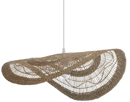 LUSSIOL - Luminaire Costa, lustre bohème, naturel - lampe suspendue en rotin tressé naturel - cable plastique blanc, douille E27 - possibilité ampoule LED - 60W maxi, Diam. 60 x H. 10 cm