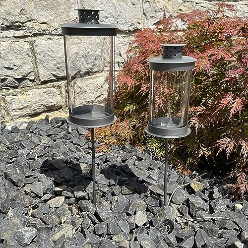 eberin · Laternen Baculus · Grablaterne-Stahlblech · stabile Stablampe · Grablicht mit langem Stab in Anthrazit mit Metallic-Optik · Glaszylinder · 2 Größen wählbar (15cm)