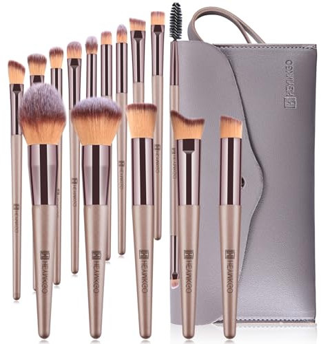HEYMKGO Pennelli Make Up, 15 Pezzi Set Pennelli Trucco Professionale con Trousse in Pelle PU, Champagne Gold Kit Pennello Trucco Occhi Makeup Brushes Regalo per Ragazze Donne Compleanno San Valentino