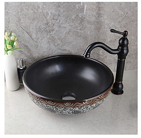 MOOWI Waschbecken Schwarzes Badezimmer-Waschbecken-Waschbeckenkeramik über Counter-Eitelkeit Porzellan-Arbeitsplatte Waschbecken Art Basinand Wasserhahn Combo Aufsatzwaschbecken