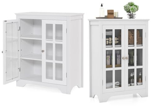 KOMFOTTEU Vitrinenschrank Klein Weiß, Glaskabinett mit 2 verstellbaren Ablagen, Glasschrank Mehrzweckschrank 60 x 30 x 80 cm, Glasvitrine Aufbewahrungsschrank für Küche Wohnzimmer Büro