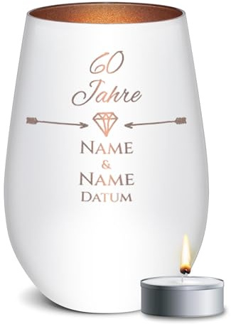 Print Royal PR Weißes Windlicht mit Gravur zur Diamantenen Hochzeit - 60 Jahre - mit Namen & Datum - Hochzeit Geschenke Diamantene Hochzeit | inkl. Teelicht, 450 ml, Innen Bronze