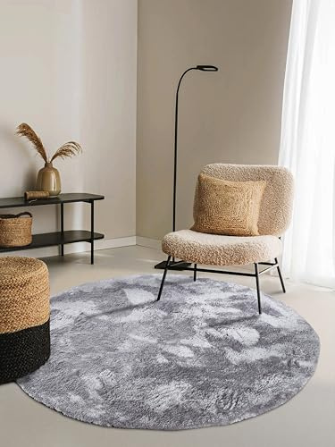 ELLE Decoration Calida Teppich Rund – Flauschiger Hochflor Wohnzimmerteppich – Einfarbig Weich Pflegeleicht Langflor für Wohnzimmer, Esszimmer, Schlafzimmer, Kinderzimmer – Silber, 160cm