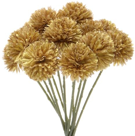 M METERXITY 12er-Pack künstliche Chrysanthemenball-Blumen 11 Zoll Golden | Faux-Hortensien-Seidensträuße Real Touch Faux-Blumen, Für Zuhause/Hochzeit/Weihnachten