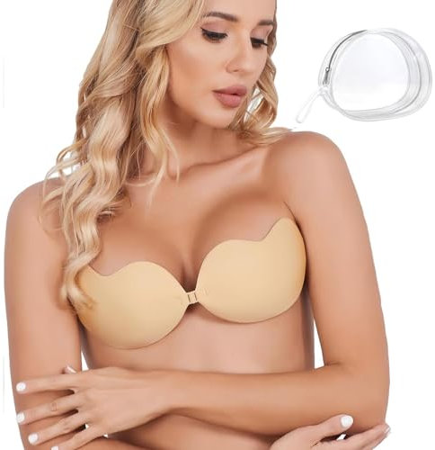 YONEEKSS Push up Bra for Women, Backless Stick on Bra Reusable Strapless Bras, Comfortable Invisible Strapless Bras with Clear Storage Bag (A Cup)
