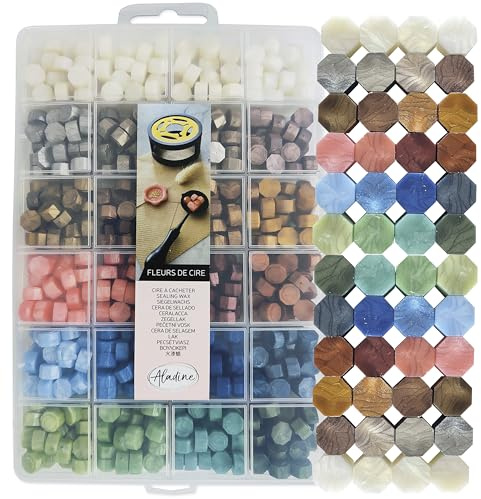 Aladine - 600 Perles de Cire à Cacheter - 24 Couleurs Métalliques & Brillantes - Pour Créer Sceau de Cire Dorés, Argentés, Rose - Mariage Naissance Lettres Courriers & Cadeaux - 72496