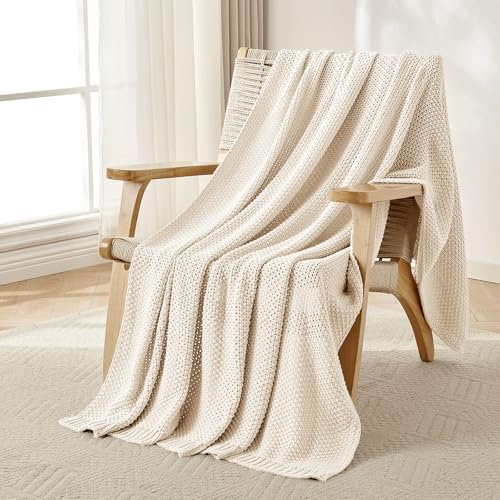 Joydeco Chunky Cable Knit Throw Blanket, Lightweight 100% Cotton Soft Cozy Throw Twin Blanket for Couch Bed and Sofa, Rustic Breathable Farmhouse Blanket Gift for Women Men(Cream White, 51x63)