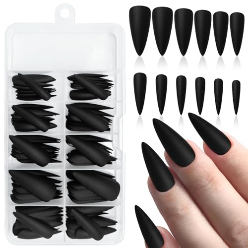 GlamRays 120 Stück Stiletto Press On Nails Lange Voll Abdeckung Matt Schwarz Falsche Nails Akryl Reine Farbe Falsche Nails für Frauen und Mädchen DIY Maniküre