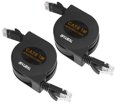Iskueal Retractable Ethernet Cable - 3.3ft Cat6 Flat Network Cable with RJ45 Connectors for High Speed LAN, Internet, Gaming - Compatible with PS4, Router, Switch - 2 Pack.